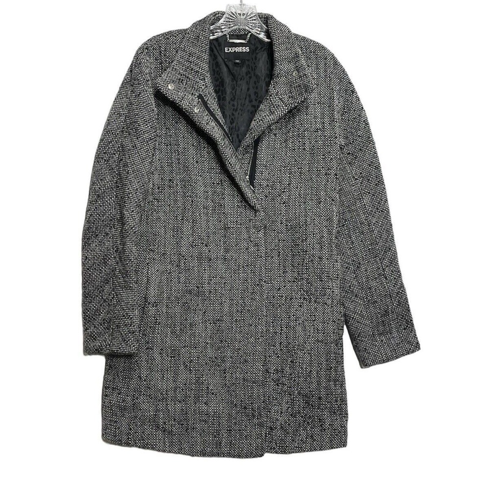 Express Women Tweed Zipper Pocket Wool‎ Blend Winter Coat Black White Size M